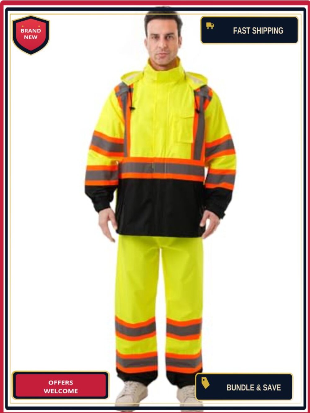 Hi Vis Safety Rain Jacket Class 3 Waterproof Work Coat with Hood